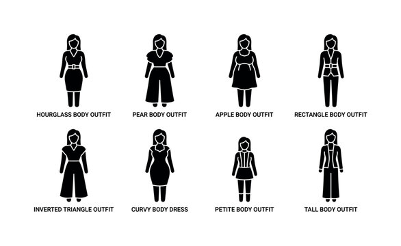 Fashion for different body types. Filled icon set of Fashion for different body types: hourglass body outfit, pear body outfit, apple body outfit, rectangle body outfit, inverted triangle outfit,