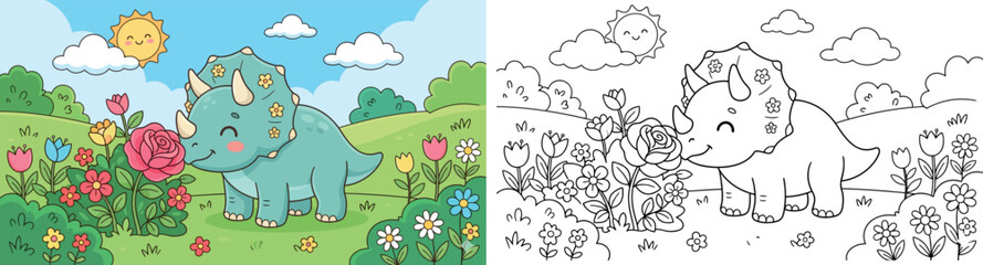 Cute Cartoon Triceratops Sniffing a Rose in a Flower Garden © MstSangita