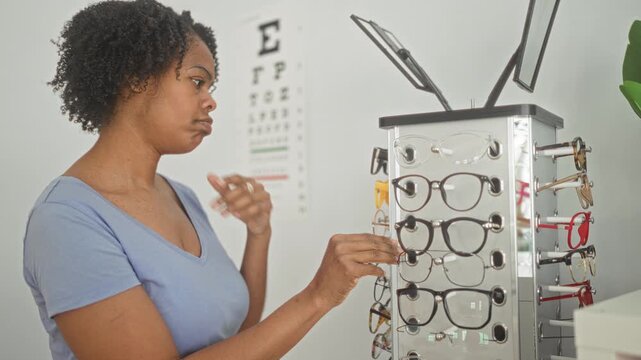 Woman selecting glasses from an eyeglass display in a clinic building, reaching with hand toward frames with an eye chart visible on the wall; thoughtful choice.