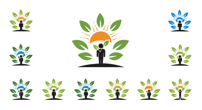 Green living logo set features human figure silhouette combined with sun rays and fresh leaves for wellness and ecology.