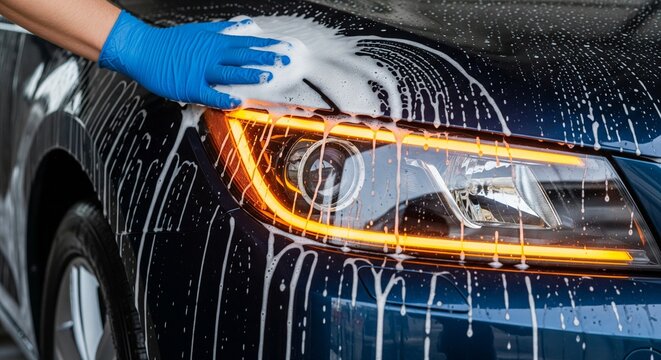 Close-up of a gloved hand washing a dark blue car's headlight with soapy water, detailed view