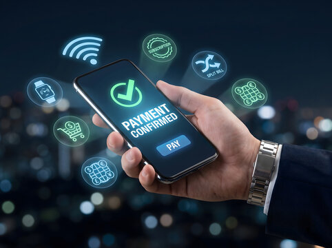 Secure mobile payment concept with hand holding phone showing payment confirmed screen surrounded by digital banking icons at night.