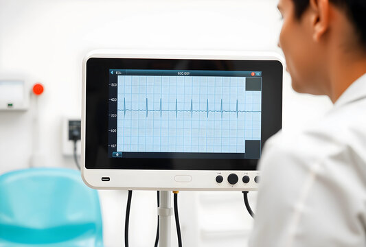 Doctor monitoring heart rate on ECG machine in clinic