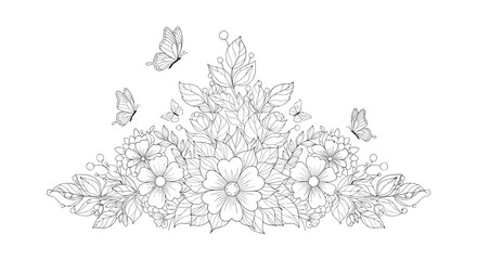 Fototapeta premium Elegant black and white line art composition featuring delicate blooming flowers surrounded by fluttering butterflies for coloring or design.