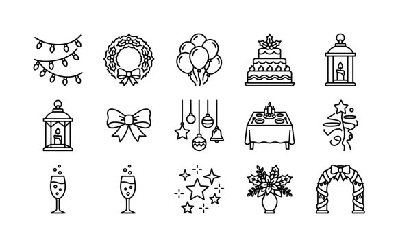Holiday Decorations and Festive Atmosphere. Line outline icon set of Holiday Decorations and Festive Atmosphere: string lights, decorative wreath, party balloons, festive cake, candle lantern, ribbon