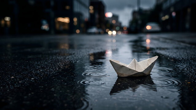 Paper boat floating in a puddle on a wet city street during evening rain
