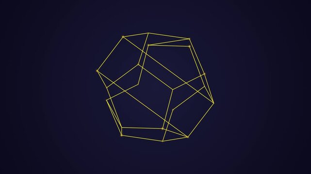 Rotating geometric wireframe polyhedron on dark blue background