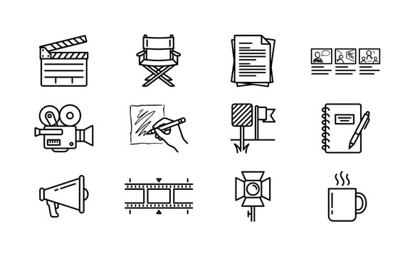 Film director&rsquo;s notebook. Line outline icon set of Film director&rsquo;s notebook: clapperboard, director chair, script pages, storyboard panels, film camera, pencil sketch, scene marker, production notes