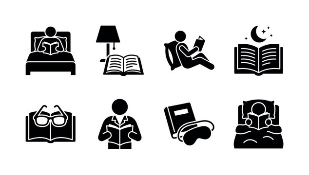 Bedtime reading. Filled icon set of Bedtime reading: person reading in bed, open book under lamp, reader with pillow, book with moon, reading glasses and book, person holding bedtime book, book beside