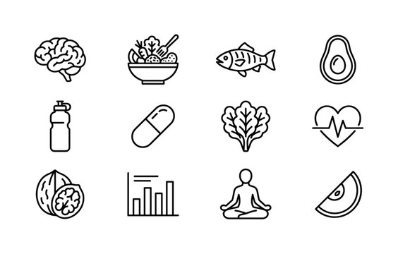 The impact of nutrition on brain health. Line outline icon set of The impact of nutrition on brain health: brain silhouette, healthy meal bowl, omega fish, avocado, water bottle, vitamin capsule,