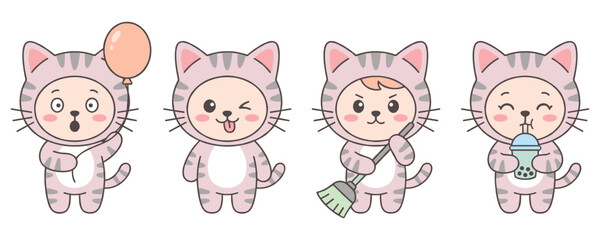 Cute cartoon character in pink cat costume with various objects.