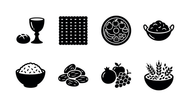 Sacred food in religion. Filled icon set of Sacred food in religion: communion bread and chalice, Jewish matzah bread, Hindu prasad offering plate, Sikh karah prasad bowl, Buddhist rice offering bowl,