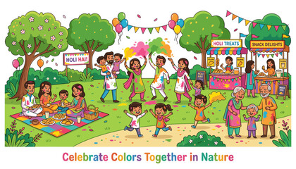 Fototapeta premium Joyful holi festival celebration in a park with families and children playing with colors, traditional indian spring festival illustration