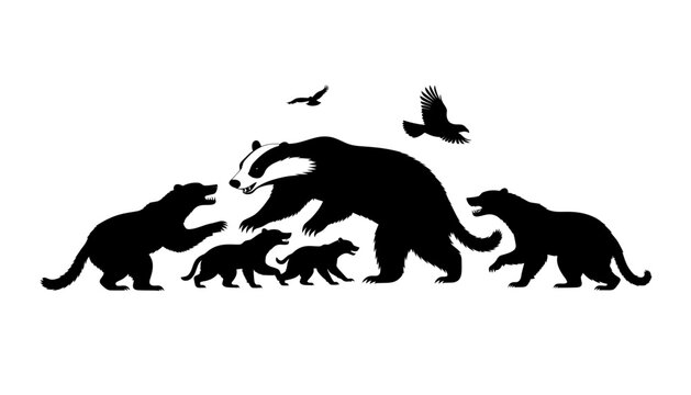 Black vector silhouette illustration featuring wild forest animals like badgers and bears isolated on white background