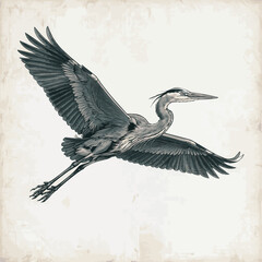 Obraz premium Created on hand drawn vintage Large great blue heron in mid-flight with outstretched wings and long legs symbol Illustrations vector art on white background
