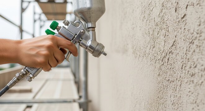 Close-up of a hand holding a paint sprayer, applying a textured coating to an exterior wall during