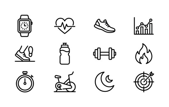Using a smartwatch to track fitness goals. Line outline icon set of Using a smartwatch to track fitness goals: smartwatch display, heartbeat monitor, running shoe, fitness graph, step counter,