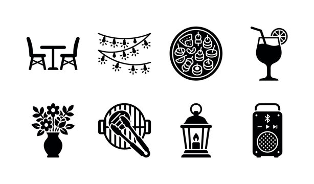 Summer Garden Gathering. Filled icon set of Summer Garden Gathering: outdoor dining chairs, hanging fairy lights, serving platter, cocktail drink, garden flowers, barbecue tongs, evening lantern,