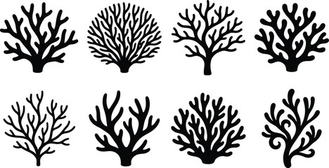 Underwater Sea Coral Reef Silhouette Icon Set with Black Ocean Plant Graphics for Marine Nature Vector Designs © Taijul
