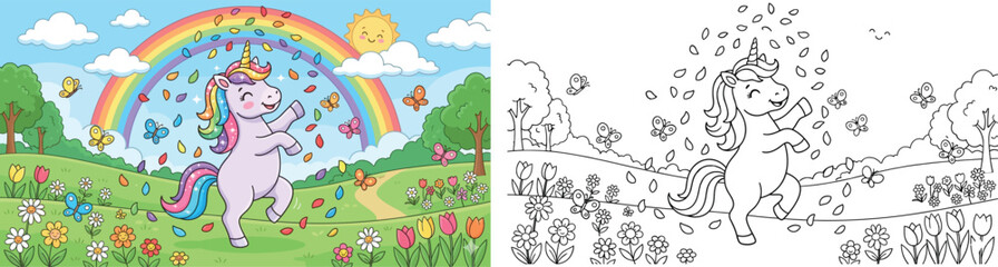 Fototapeta premium Cute Cartoon Unicorn in a Magical Green Meadow with Rainbow, Butterflies, and Falling Colorful