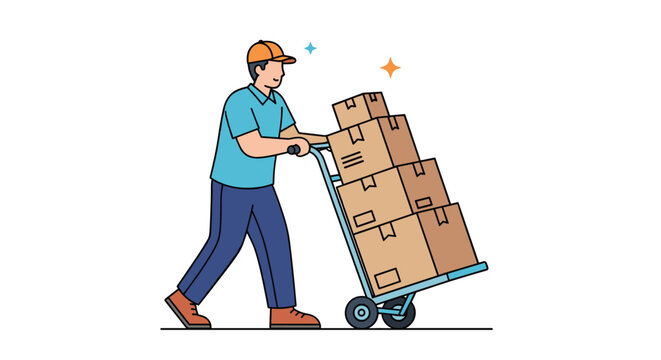 Courier or delivery man in uniform pushing a hand truck loaded with cardboard boxes for parcel shipping service.