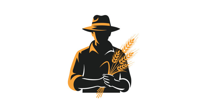 Black silhouette of a hard-working farmer wearing a straw hat and holding a bundle of golden wheat stalks on a white background.