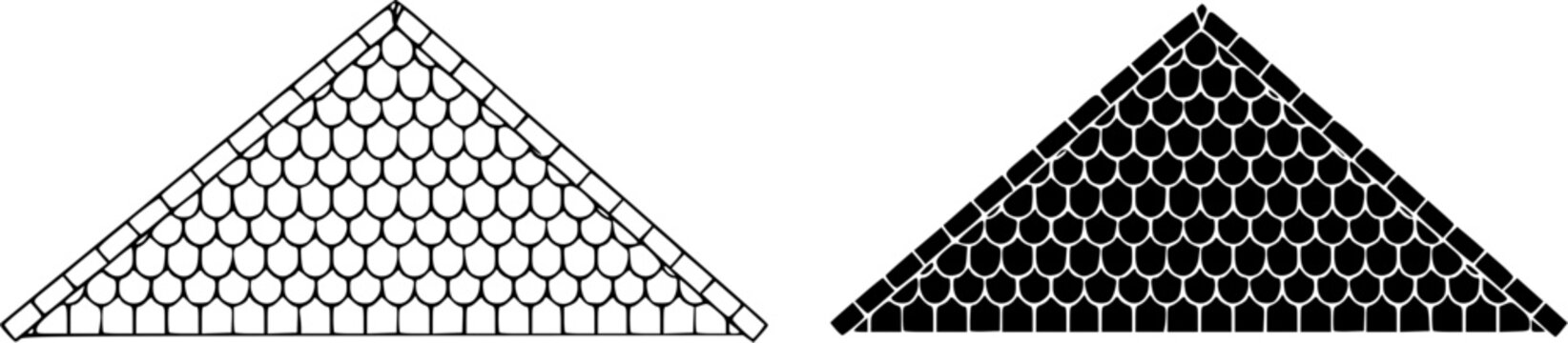 Triangle shape with hexagonal honeycomb grid pattern vector set featuring outline and solid fill geometric designs.