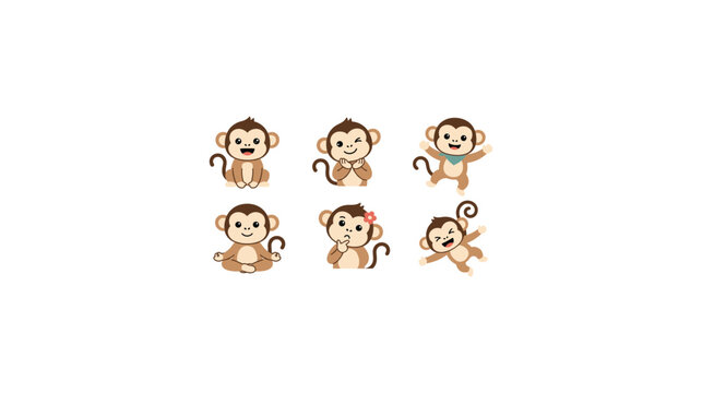 Six cute cartoon monkeys in different poses and expressions.