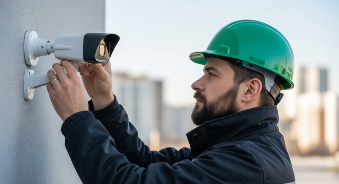 Close-up of a male technician wearing a green hard hat installing a security camera on an exterior