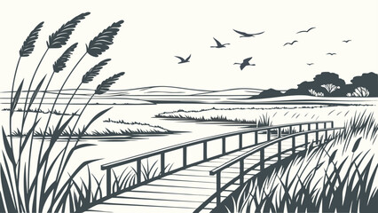 Marshland landscape with wooden footbridge illustration marshland landscape © Golap