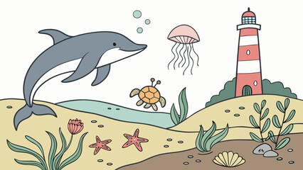 Underwater marine life scene with dolphin jellyfish turtle and lighthouse © Proi