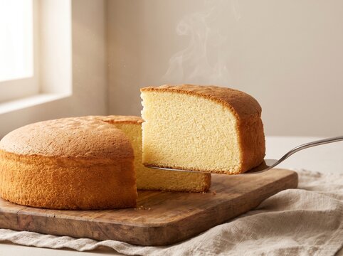 Steaming Fresh Baked Sponge Cake Slice Lifted on Spatula from Wooden Board