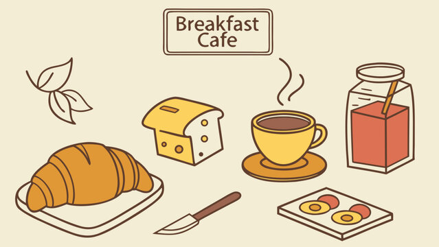 Breakfast cafe illustration with croissant coffee and fresh food, breakfast