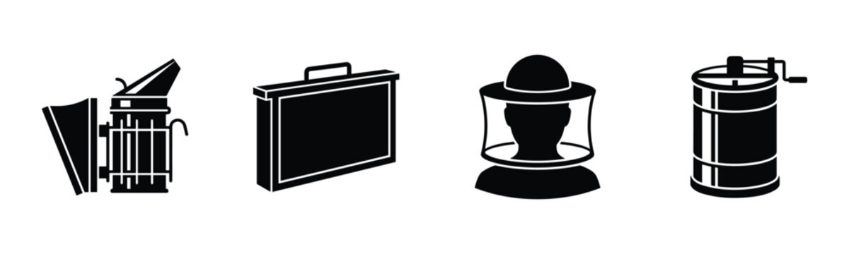 Beekeeping icons set featuring bee smoker hive frame beekeeper suit and manual honey pump.