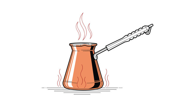 Traditional copper Turkish cezve for brewing coffee on stove with hot rising steam hand drawn retro vector sketch style.