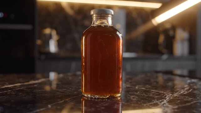 Glass bottle filled with amber liquid on a marble surface.