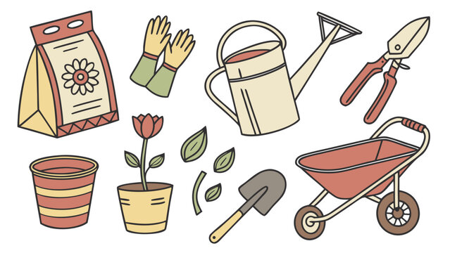 Gardening tools collection including wheelbarrow potting soil and watering can