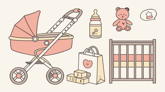 Baby nursery essentials collection featuring stroller crib and toys illustration