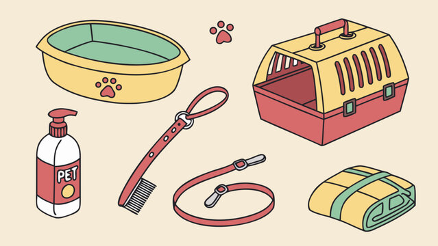 Pet care supplies collection including carrier kennel bowl and grooming brush