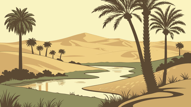 Desert oasis illustration with palm trees and sand dunes landscape environment