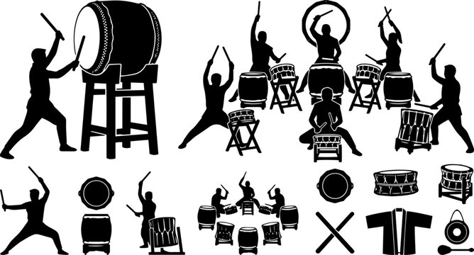 Taiko Drummer and Dance Silhouette Set &ndash; Japanese Drum, Traditional Performer, Cultural Icons