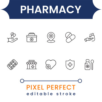 First Aid and Emergency Medical Icon Set - Injury Care, Injection, Bandage, Pharmacy Kit and Health Safety Line Icons for Apps and Web