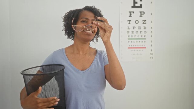 Woman optician smiling throws glasses into mesh trash bin with hand beside eye chart in clinic building; empowerment relief.