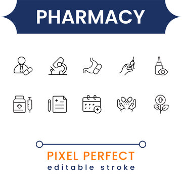 First Aid and Emergency Medical Icon Set - Injury Care, Injection, Bandage, Pharmacy Kit and Health Safety Line Icons for Apps and Web