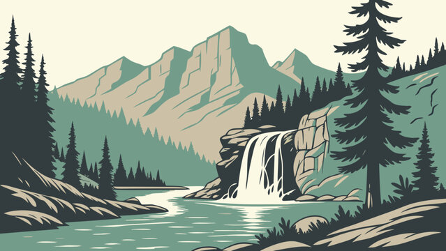Waterfall in a mountain landscape illustration with pine trees and river