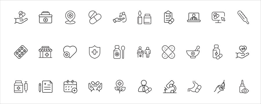 Pharmacy and Medical Icon Set - Healthcare, Doctor, Medicine, First Aid, Hospital and Prescription Line Icons for Health Apps and Websites