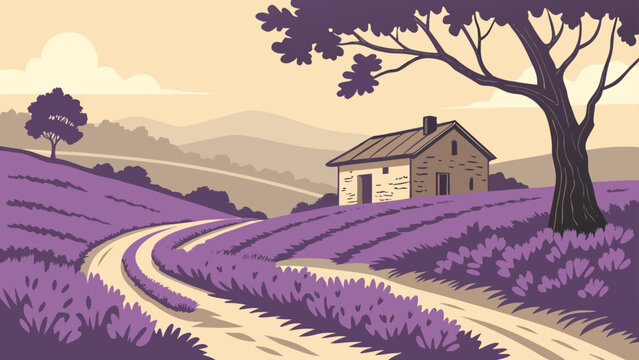 Rustic stone house in lavender field landscape graphic illustration