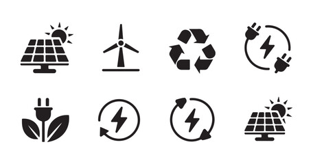 Green energy icon collection featuring solar panel wind turbine and recycle symbols for ecology theme. © Md