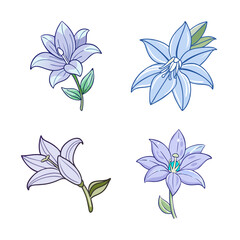 Fototapeta premium Four blue watercolor flowers illustration - Delicate watercolor-style flowers in soft blue and green tones arranged in a simple, clean composition.