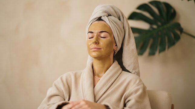 Young woman with a facial mask and a towel on her head relaxing